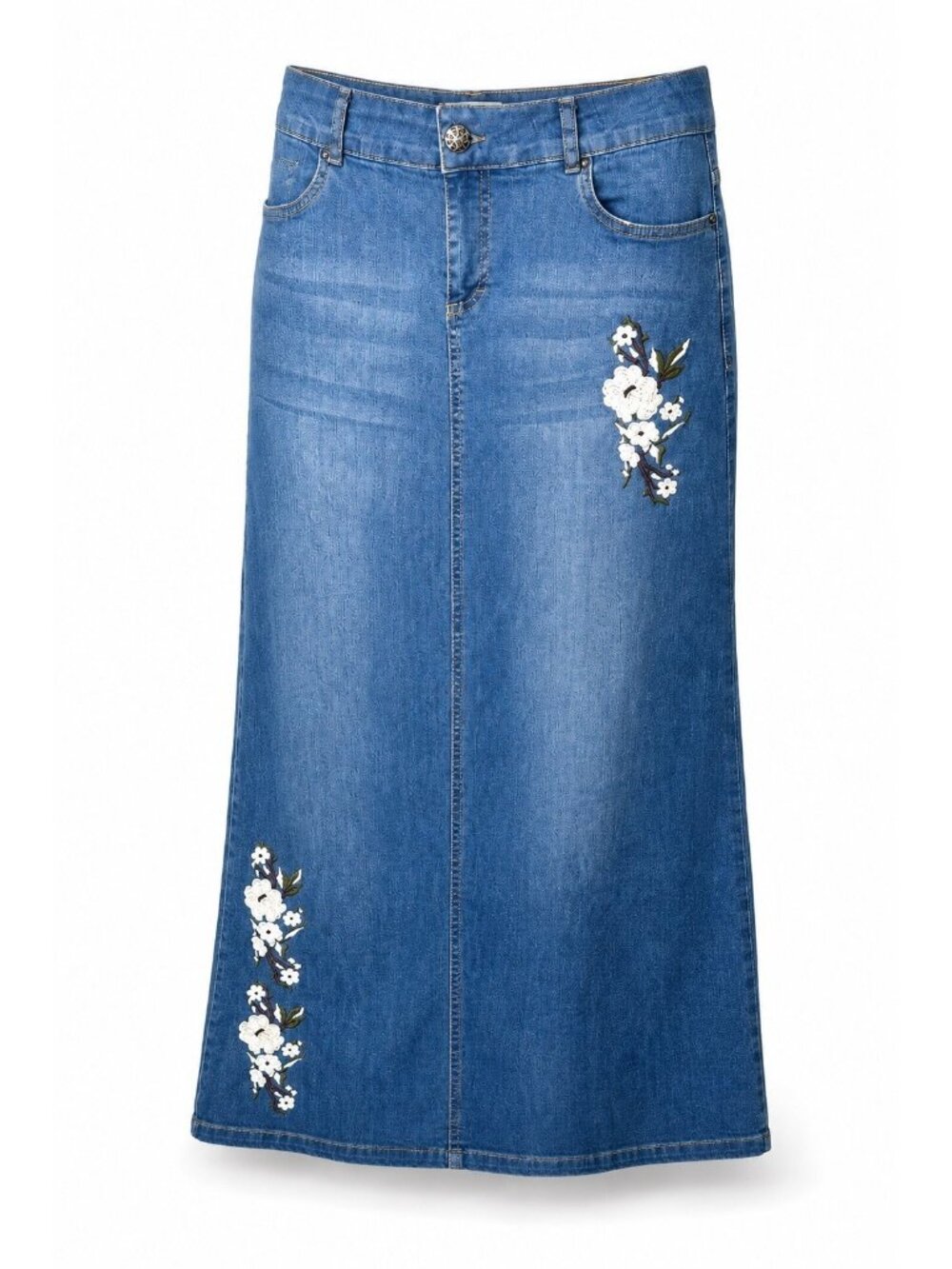 Telvin Womens 10 Blue Denim Maxi Skirt Floral Embroidered Y2K Boho High Rise